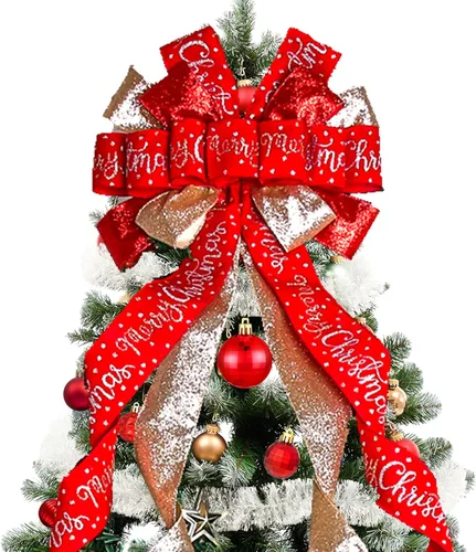 Lazo para la punta del árbol de Navidad, lazo de corona de Navidad de 52 x 13 pulgadas, arpillera grande con borde de poliéster blanco y rojo, lazo