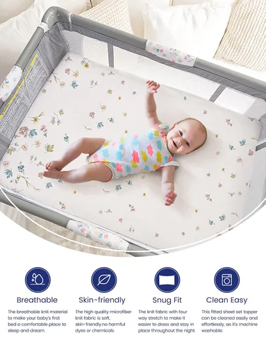 Miniatura 2 de TotAha Sábanas Premium Elásticas para Corral de Juegos Pack N Play Sábanas para Minicuna (Paquete de 2) - Hipoalergénicas, Comodidad Sedosa, Flor