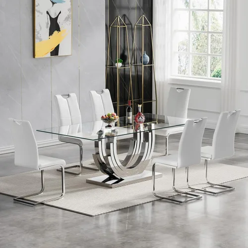Miniatura 10 de Juego de mesa de comedor de cristal dorado moderno de 70 pulgadas para 4, juego de mesa rectangular de 5 piezas con base de acero en forma de anillo