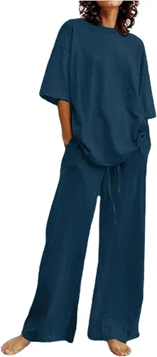 Miniatura 6 de Conjuntos de verano de 2 piezas para mujer, conjuntos elegantes y casuales de color liso, para verano, otoño, cuello redondo, tops y pantalones