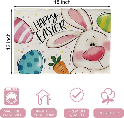 Miniatura 2 de Seliem Juego de 4 manteles individuales con diseño de conejo de Pascua, lindos huevos de conejo, zanahoria, lunares, rayas, manteles individuales