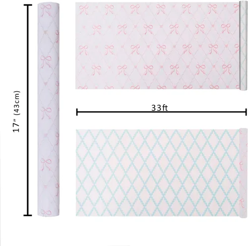 Miniatura 6 de BIOBROWN Rollo de papel de regalo reversible para baby shower, 17 pulgadas x 33 pies (47 pies cuadrados total) - Lazos rosas y diseño de diamante