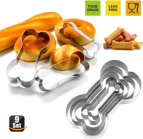 Miniatura 5 de Juego de 9-4 moldes de silicona para patas y huesos de cachorro, moldes de silicona para perros y 5 cortadores de galletas de hueso de acero morado