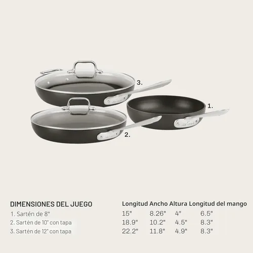 Miniatura 2 de All-Clad HA1 - Juego de sartenes antiadherentes anodizadas duras, 3 piezas, sartenes de 8 pulgadas, 10 pulgadas, 12 pulgadas con tapa, compatible