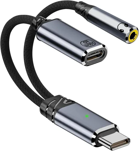 Adaptador USB C a auriculares y cargador de 0.138 in, adaptador de audio USB C a auxiliar 2 en 1 con carga rápida PD 3.0 de 60 W, chip DAC para