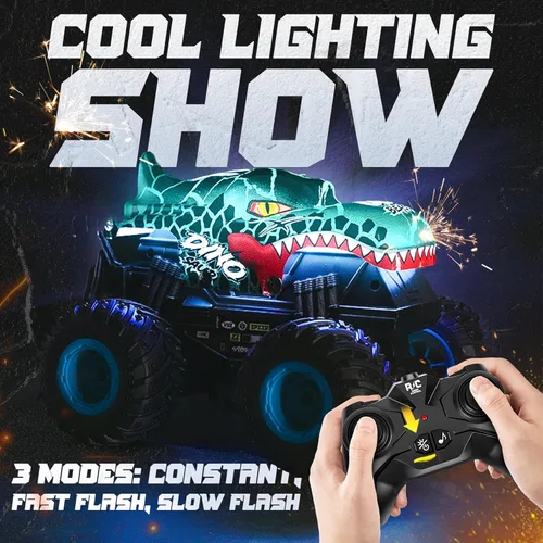 Miniatura 6 de BEZGAR Monster Truck Toys - Camiones monstruo a control remoto con luz y música, juguetes de dinosaurios para niños, camión RC a escala 1:20 con Dos