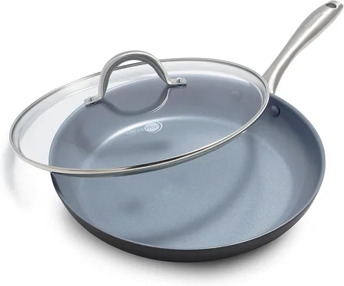 GreenPan Lima - Sartén de fritura anodizada dura de 12 pulgadas con tapa, cerámica antiadherente, ollas y sartenes no tóxicas sin PFAS, apta para