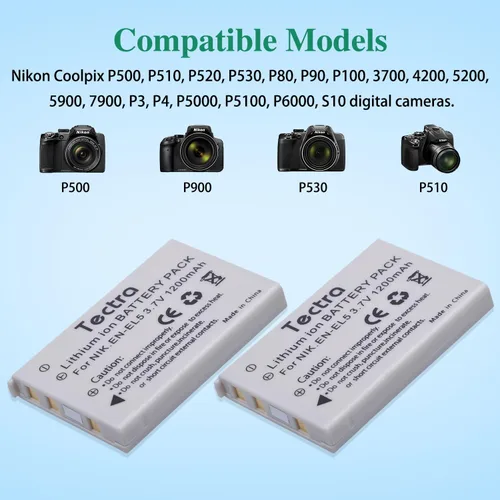 Miniatura 2 de Tectra Paquete de 2 baterías EN-EL5 y cargador USB para cámaras Nikon Coolpix P500, P510, P520, P530, P3, P4, P80, P90, P100, P5000, P5100, P6000