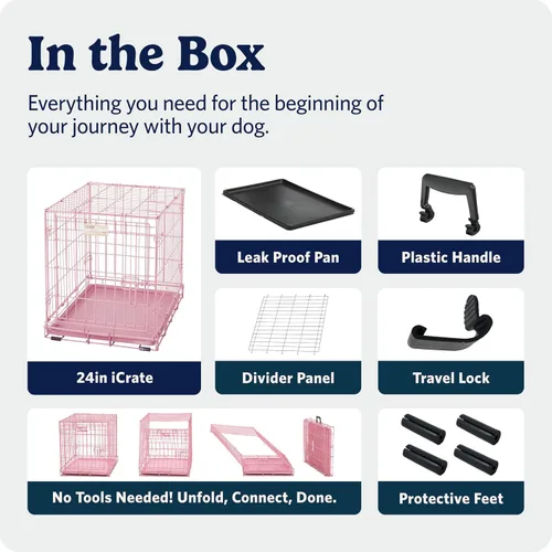 Miniatura 7 de MidWest Homes for Pets Jaula plegable para perros iCrate de una sola puerta rosa de moda de 24 pulgadas, seguridad mejorada, incluye bandeja a