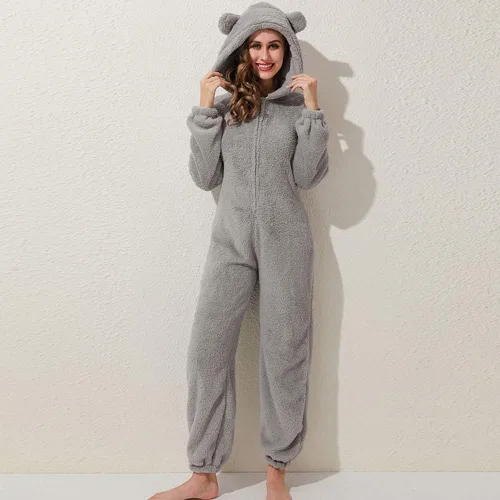 Miniatura 15 de Pijama de forro polar para mujer, mameluco cálido de sherpa, ropa de dormir de una pieza con cremallera y capucha