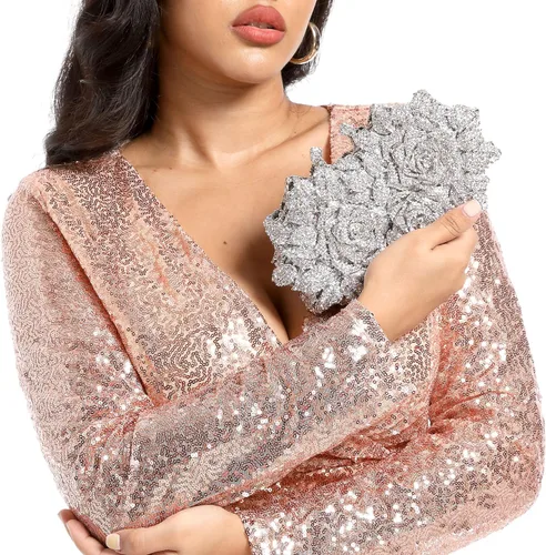 Miniatura 9 de Boutique De FGG Deslumbrantes bolsos de noche de flores para mujer, bolsos formales de fiesta con diamantes de imitación, bolso de mano de cristal