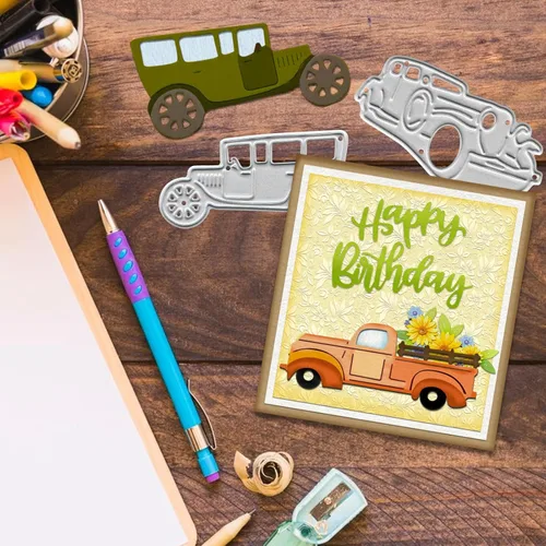 Miniatura 6 de 4 piezas de troqueles de corte en forma de camioneta sedán para hacer tarjetas, troqueles de rueda de automóvil, troqueles de vehículos, herramienta