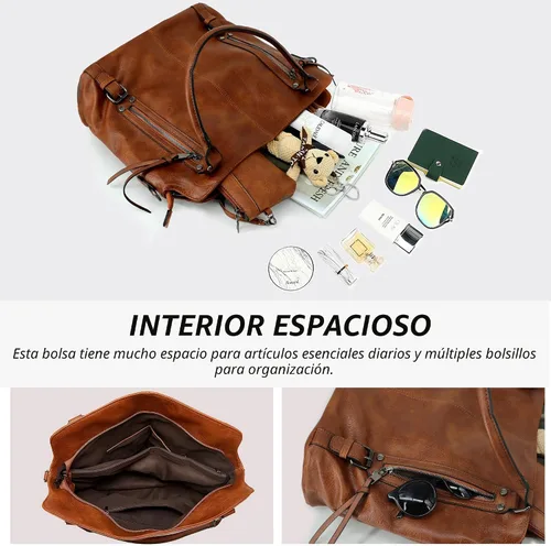 Miniatura 5 de TANTOMI Bolsos de mano para mujer, bolso cruzado grande de cuero, bolso de hombro con cartera correas ajustables Marrón