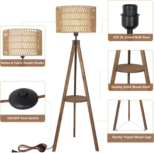 Miniatura 3 de LAMSU Lámparas de pie estilo bohemio con trípode para sala de estar, lámpara de pie de madera de ratán con pantallas de tela, lámpara de pie