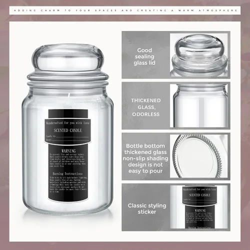 Miniatura 4 de Ziliny Paquete de 6 tarros de vela de vidrio de 25 onzas con tapas herméticas, recipientes grandes y gruesos para velas transparentes con 10