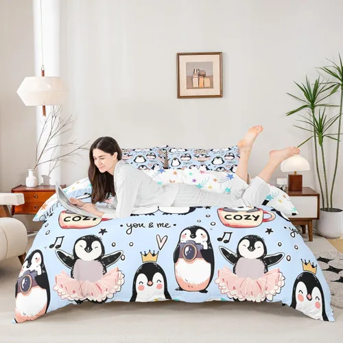Miniatura 2 de Juego de funda de edredón para niños de dibujos animados, diseño de pingüinos de dibujos animados, lindo juego de ropa de cama de animales árticos