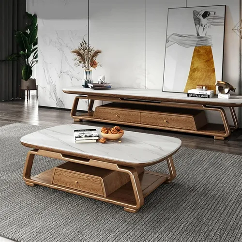 Miniatura 2 de Mesa de té para sala de estar, moderna mesa de centro de lujo, parte superior de pizarra y marco de madera de fresno, mesa central ovalada grande
