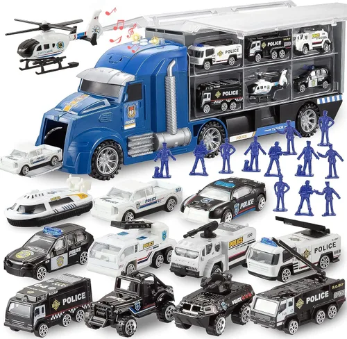 Miniatura 9 de JOYIN Juego de camiones de construcción 25 en 1 con 12 vehículos y 12 figuras de trabajadores, camiones de juguete Push and Go con sonido y luz