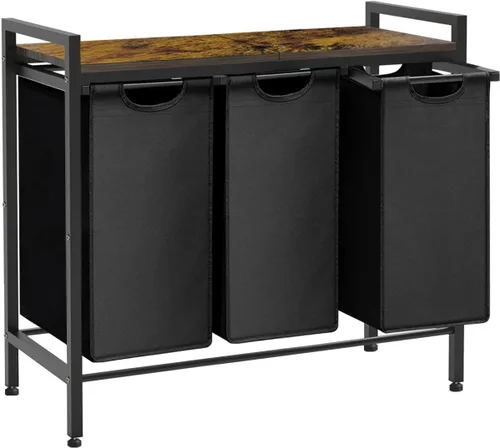 Cesta Grande de Lavandería Clasificadora con 3 Bolsas Extraíbles y Tiradores, Estante Superior de Madera, Organizador Versátil de Cesta de