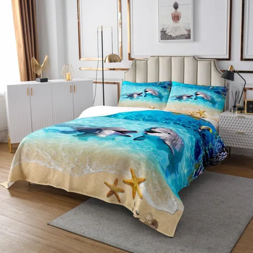 Miniatura 3 de Homewish Juego de 2 piezas de colcha con diseño de delfín, diseño de vida marina y estrellas de mar, coral, para decoración de habitación de niños