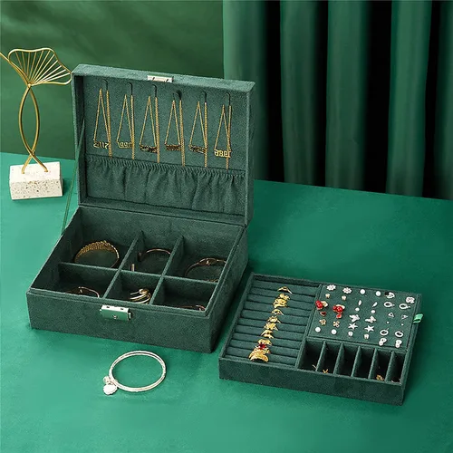 Miniatura 6 de JACIEYU Caja organizadora de joyas grande para mujer caja de almacenamiento de franela de terciopelo con cerradura de seguridad verde oscuro