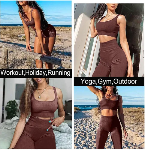 Miniatura 4 de TWFRHC - Conjuntos de entrenamiento para mujer con tirantes acanalados, 2 piezas, sin costuras, cintura alta, para gimnasio, pantalones cortos