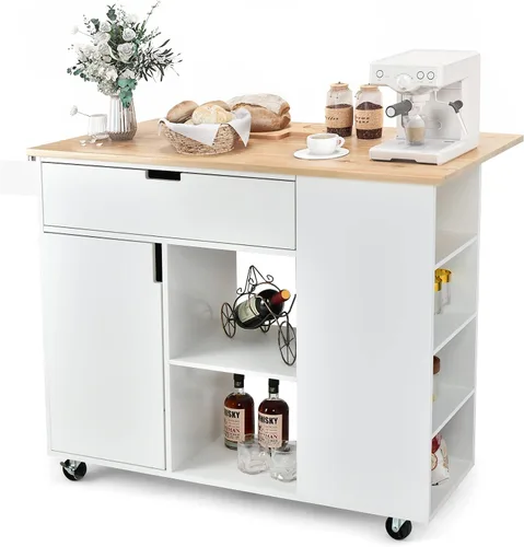 LOKO Isla de cocina con hoja caída, carrito de almacenamiento de cocina rodante con cajón, gabinete, 6 estantes abiertos, estante de especias y