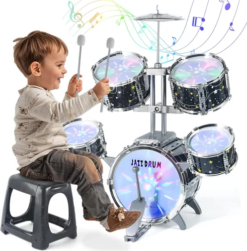Juego de batería para niños pequeños de 1 a 3 años, batería de jazz mejorada para niños, juguetes de instrumentos musicales y luces y todo plástico,