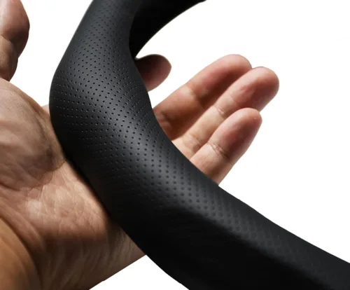 Miniatura 5 de Funda de volante de cuero napa perforado deportivo de instalación rápida con ribete de rayas circulares rojas, ajuste universal para cualquier auto
