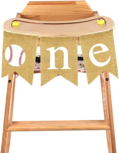 Miniatura 4 de Rainlemon Yute arpillera béisbol una pancarta rústica para niño y niña, fiesta de primer cumpleaños, decoración para silla alta