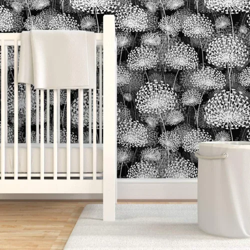 Miniatura 6 de Spoonflower Papel tapiz para despegar y pegar, diseño de dientes de león blanco y negro, flores de estilo vintage, floral, naturaleza, papel tapiz