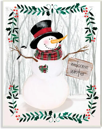 Miniatura 10 de Stupell Industries Felicitación de bienvenida de invierno con diseño floral de muñeco de nieve, bosque, acebo, diseñado por Jennifer Paxton Parker