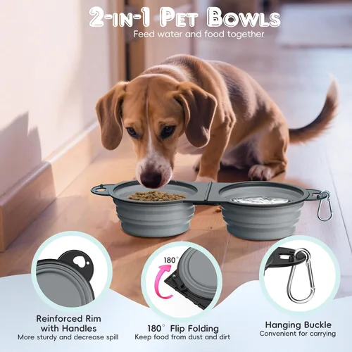 Miniatura 4 de Pawaboo Cuencos plegables 2 en 1 para perros, cuencos dobles para comida y agua, cuenco de silicona portátil de 180° con gancho de metal, comedero