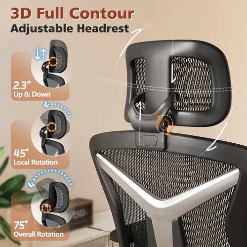 Miniatura 7 de Silla de oficina ergonómica con reposapiés, silla de escritorio cómoda con soporte lumbar ajustable 3D y reposabrazos y reposacabezas, inclinación