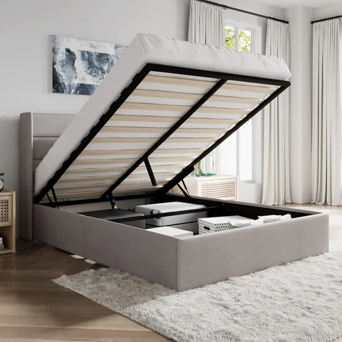 SHA CERLIN - Cama de tamaño completo con almacenamiento elevado/Cabecero abatible moderno/Base de cama tapizada con plataforma/Almacenamiento Beige