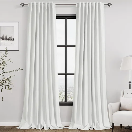 Miniatura 30 de Cortinas de lino 100% opacas para dormitorio, 102 pulgadas de largo, con pestaña trasera, bolsillo para barra, paneles acústicos con aislamiento