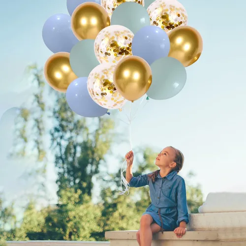 Miniatura 7 de Globos azules y verdes, juego de 60 globos azul claro verde menta con confeti dorado y globos dorados metálicos, globos pasteles azul bebé verde
