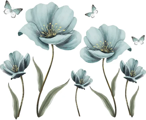Miniatura 6 de Calcomanías de pared de flores azules de ensueño creativas pintadas con mariposas para pared, pintura romántica, decoración artística, vinilo