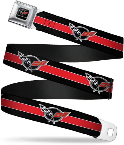 Buckle-Down Cinturón de seguridad CORVETTE C5 Logo/Rayas Negro/Blanco/Rojo/Gris Repetición - 1.0 pulgadas de ancho - 20-36 pulgadas de largo