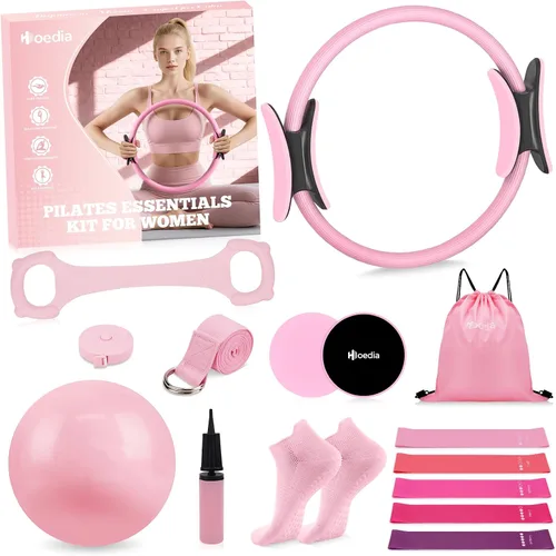 Miniatura 11 de Hoedia Kit de Pilates de 17 Piezas para Mujeres, Equipo de Pilates Anillo y Pelota Set con Bandas de Resistencia, Correa de Yoga, Deslizadores