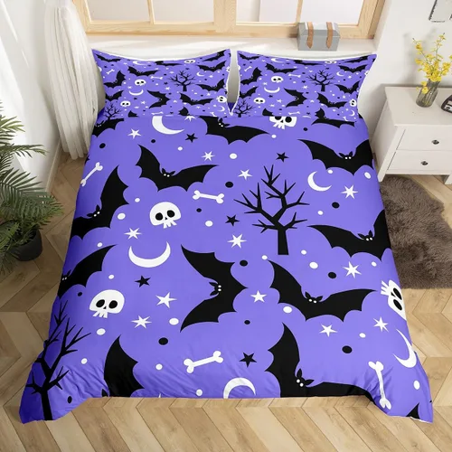 Miniatura 13 de Juego de ropa de cama de Halloween, funda de edredón gótica de murciélagos negros con telarañas, funda de edredón individual, diseño de arañas