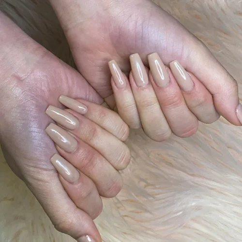 WOOYAS - Uñas postizas cortas a presión, color nude brillante, uñas postizas de otoño de ataúd mediano, juego de 24 uñas postizas reutilizables