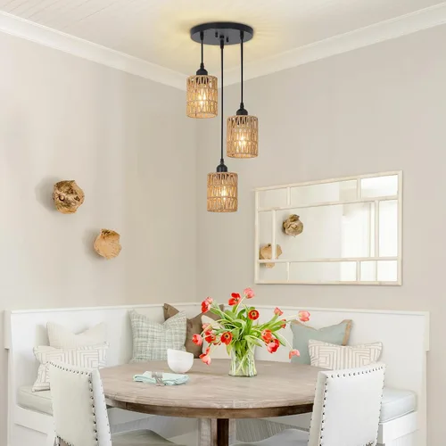 Miniatura 8 de LAMSU Lámpara colgante de 3 luces de ratán, accesorios de iluminación de techo estilo granja para comedor, lámpara colgante estilo boho