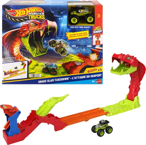 Hot Wheels Conjunto de Juguetes de Camiones Monstruo, Juego de Pista Snake Slam Takedown con Vehículo Exclusivo Bone Shaker a Escala 1:64, Incluye