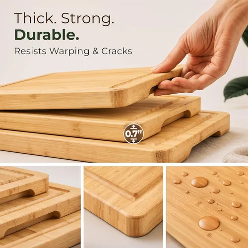 Miniatura 3 de Juego de 3 tablas de cortar de bambú con soporte, tablas de madera duraderas para cocina, cortar y servir, ecológicas por Woodenhouse