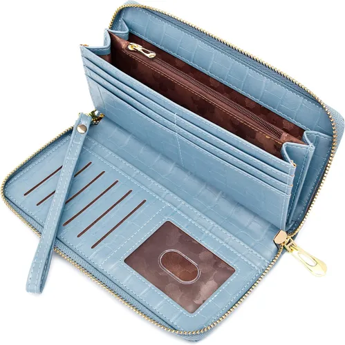 Miniatura 2 de Badiya Cartera para mujer con bloqueo RFID de cuero con cremallera de gran capacidad para tarjetas de crédito bolso largo Azul