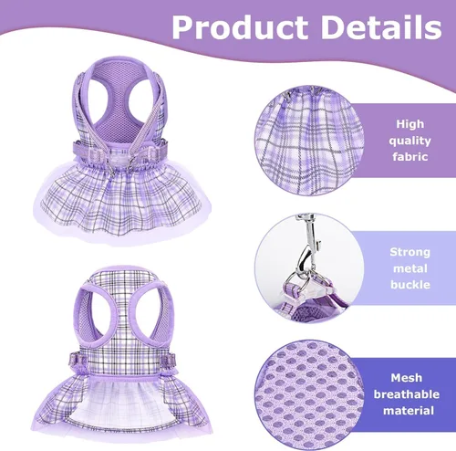 Miniatura 3 de Vestidos de perro para perros pequeños, ropa para niña, vestido de cachorro, arnés con falda, anillo en D para perrito y paseo de mascotas, ropa