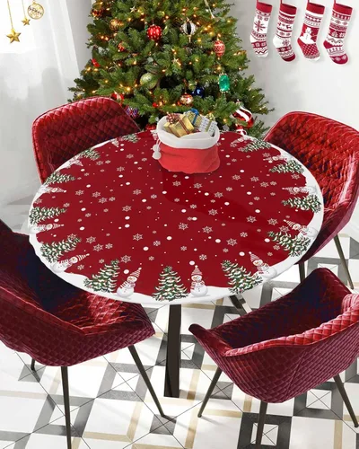 Miniatura 9 de Mantel redondo de Navidad de 55 a 60 pulgadas, impermeable, reutilizable, mantel elástico redondo ajustable para fiestas al aire libre, copo