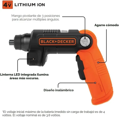 Miniatura 5 de BLACK+DECKER Destornillador inalámbrico con luz LED de 4V MAX, destornillador eléctrico con juego de 2 puntas (BDCSFL20C)