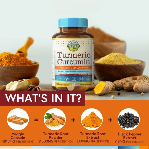 Miniatura 4 de Suplemento de curcumina de cúrcuma de 1800 mg, con pimienta negra de 15 mg para una máxima absorción, 95% curcuminoides, soporte de movilidad